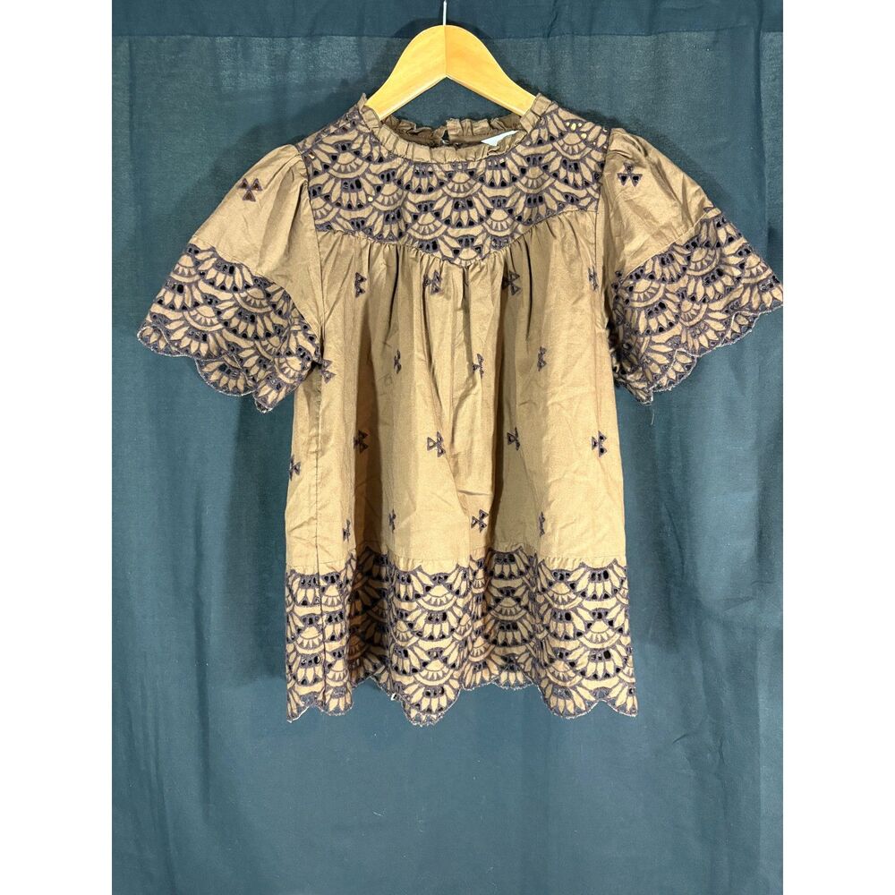 Olive Brown Cotton Eyelet Embroidered Mock Neck Blouse - Size XS